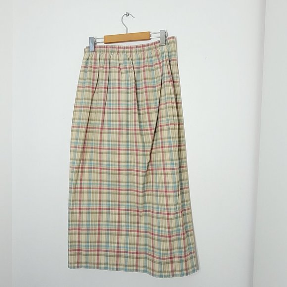 🥑2/$100🥑Vintage %100 Cotton Tan Blue Pink Plaid Y2K/ 90s Wrap Skirt - Picture 8 of 16